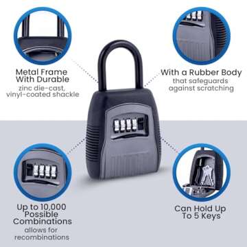 KeyGuard SL-500 Punch Button Lock Box, Black | Portable Shackle LockBox for Outside- Fits House Keys, Car Keys, Fobs, Credit Cards/IDs & More | Keypad Safe Box, Digital Push Button Combination Lock