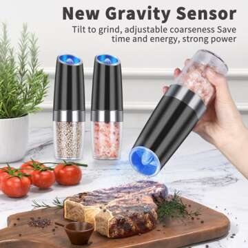 EasyCom Gravity Electric Salt and Pepper Grinder Set, Battery Powered with LED Light, Adjustable Coa...