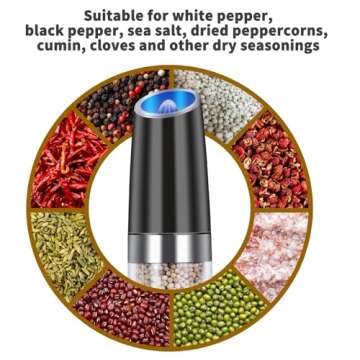 EasyCom Gravity Electric Salt and Pepper Grinder Set, Battery Powered with LED Light, Adjustable Coarseness, One Hand Automatic Pepper Mill Grinder for Kitchen and BBQ, 2 Pack, Black