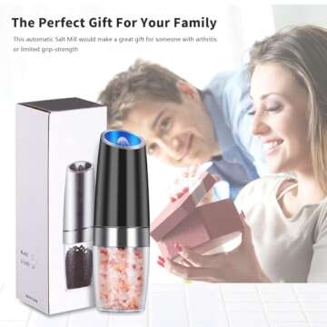 EasyCom Gravity Electric Salt and Pepper Grinder Set, Battery Powered with LED Light, Adjustable Coarseness, One Hand Automatic Pepper Mill Grinder for Kitchen and BBQ, 2 Pack, Black