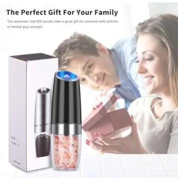 EasyCom Gravity Electric Salt and Pepper Grinder Set, Battery Powered with LED Light, Adjustable Coarseness, One Hand Automatic Pepper Mill Grinder for Kitchen and BBQ, 2 Pack, Black