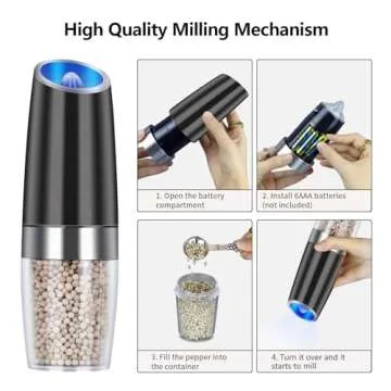 EasyCom Gravity Electric Salt and Pepper Grinder Set, Battery Powered with LED Light, Adjustable Coarseness, One Hand Automatic Pepper Mill Grinder for Kitchen and BBQ, 2 Pack, Black