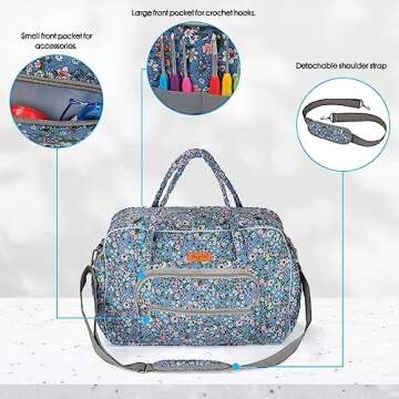 Hanfetch Yarn Storage Organizer, Knitting Crossbody Bag, Large Crochet Bag Tote Gift Yarn Holder Case for Carrying Projects, Knitting Needles, Crochet Hooks and Other Accessories (Flower-Blue)