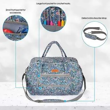 Hanfetch Yarn Storage Organizer, Knitting Crossbody Bag, Large Crochet Bag Tote Gift Yarn Holder Case for Carrying Projects, Knitting Needles, Crochet Hooks and Other Accessories (Flower-Blue)