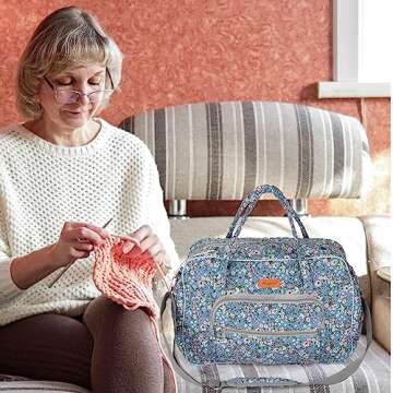 Hanfetch Yarn Storage Organizer, Knitting Crossbody Bag, Large Crochet Bag Tote Gift Yarn Holder Case for Carrying Projects, Knitting Needles, Crochet Hooks and Other Accessories (Flower-Blue)
