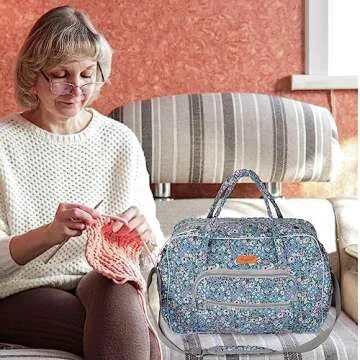 Hanfetch Yarn Storage Organizer, Knitting Crossbody Bag, Large Crochet Bag Tote Gift Yarn Holder Case for Carrying Projects, Knitting Needles, Crochet Hooks and Other Accessories (Flower-Blue)