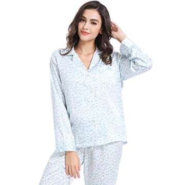Serenedelicacy Women's Satin Pajama Set 2-Piece Sleepwear Loungewear Long Sleeve Button Down Silky PJ Set (Small, Light Blue, Leopard)