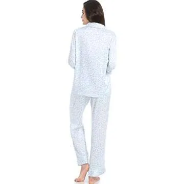 Serenedelicacy Women's Satin Pajama Set 2-Piece Sleepwear Loungewear Long Sleeve Button Down Silky PJ Set (Small, Light Blue, Leopard)