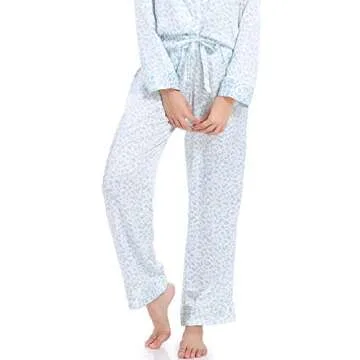 Serenedelicacy Women's Satin Pajama Set 2-Piece Sleepwear Loungewear Long Sleeve Button Down Silky PJ Set (Small, Light Blue, Leopard)