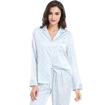 Serenedelicacy Women's Satin Pajama Set 2-Piece Sleepwear Loungewear Long Sleeve Button Down Silky PJ Set (Small, Light Blue, Leopard)
