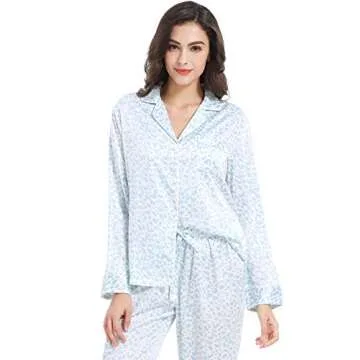 Serenedelicacy Women's Satin Pajama Set 2-Piece Sleepwear Loungewear Long Sleeve Button Down Silky PJ Set (Small, Light Blue, Leopard)