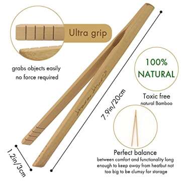 Bamboo Toaster Tongs - Set of 2 Reusable Heat Resistant Wooden Toast Tongs - 8 Inches Long Natural T...