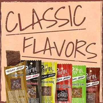 Primal Spirit Vegan Jerky - Most Popular Flavors Pack, 10 g. Plant Based Protein, ("The Classics" 3 Teriyaki, 3 Hickory Smoked, 3 Texas BBQ, 1 Thai Peanut, 1 Hot & Spicy, 1 Mesquite Lime, 12-Pack, 1 o