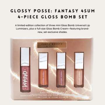 Fenty Skin Fenty Glossy Posse Fantasy 4Sum Gloss Bomb Set - Candy Milk, Fenty Glow Fantasy, Hot Chocolate Fantasy, Champ Stamp Fantasy 4 Piece Set