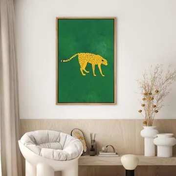 SIGNWIN Framed Canvas Print Wall Art Preppy Room Decor African Cheetah Cat Green Background Nature Wilderness Drawings Boho Chic Animals Colorful for Living Room, Bedroom, Office - 16"x24" Natural