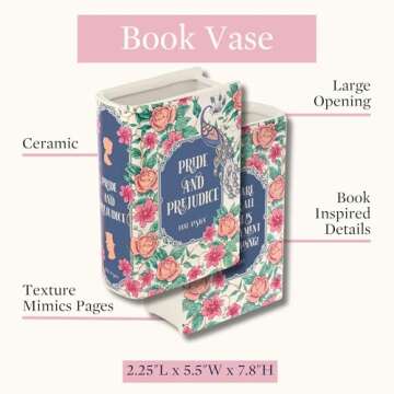 Steel Mill & Co Original Book-Shaped Decorative Vase, Ceramic Vases for Home Decor, Cute Bookshelf Decor, Unique Vase for Book Lovers (Large - Pride and Prejudice)