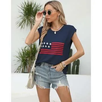 Allifewithu Women's Cap Sleeve Crew Neck Sweaters Vest American Flag Lightweight Sweaters Tops Navy Blue Large
