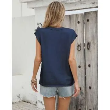 Allifewithu Women's Cap Sleeve Crew Neck Sweaters Vest American Flag Lightweight Sweaters Tops Navy Blue Large