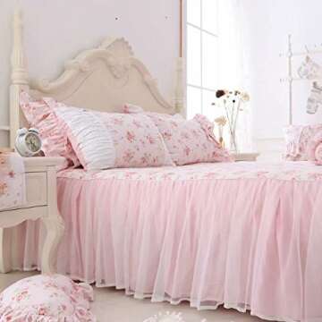 LELVA Romantic Roses Print Duvet Cover Set with Bed Skirt Pink Lace Ruffle Floral Shabby Chic Bedding Sets Queen 4 Piece