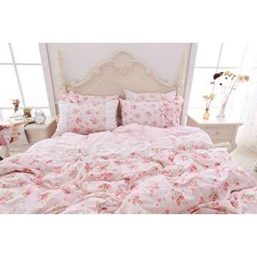 LELVA Romantic Roses Print Duvet Cover Set with Bed Skirt Pink Lace Ruffle Floral Shabby Chic Bedding Sets Queen 4 Piece