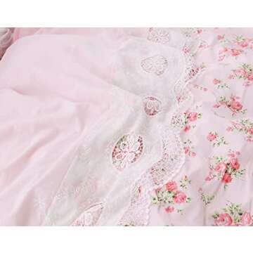 LELVA Romantic Roses Print Duvet Cover Set with Bed Skirt Pink Lace Ruffle Floral Shabby Chic Bedding Sets Queen 4 Piece