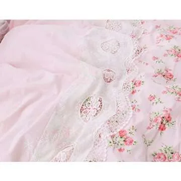 LELVA Romantic Roses Print Duvet Cover Set with Bed Skirt Pink Lace Ruffle Floral Shabby Chic Bedding Sets Queen 4 Piece