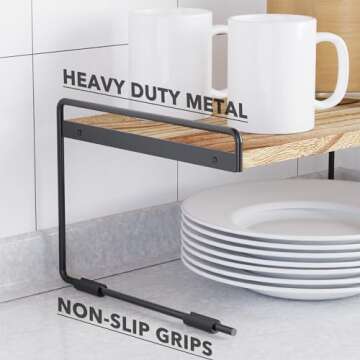 SpaceAid Cabinet Shelf Organizers 2 Pack, Kitchen Counter Organizer Rack Under Shelves Riser, Pantry Cupboard Storage Organization, Metal and Wood, Black and Natural, 16" Wide