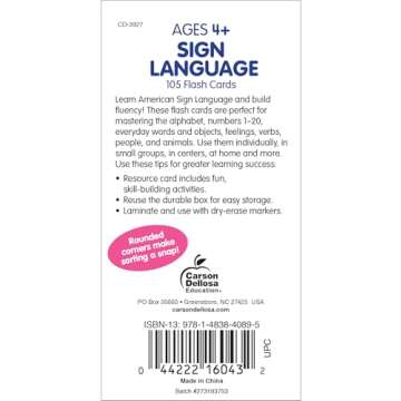 Carson Dellosa 104 American Sign Language Flash Cards for Kids, Toddlers and Beginners, ASL Flash Ca...