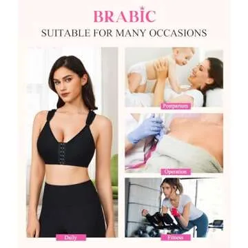 BRABIC Women Post-Surgical Sports Support Bra Front Closure with Adjustable Straps Wirefree Racerback Black