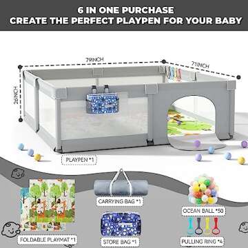 Extra Large Baby Playpen 79" X 71" with Mat - Sturdy Design, Gates, Ocean Balls - Indoor/Outdoor Pla...