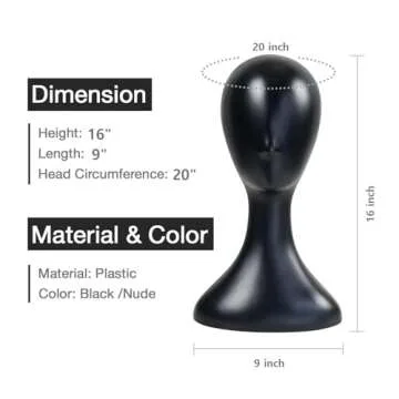 16 Inch Studio Limited Professional Plastic Mannequin Head (Black), Durable Women Model Wig Stand Display Styling Making Display Holder with Jack for Hat, Mask, Headdress, Necklace