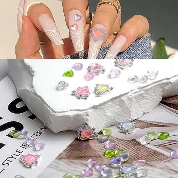 KWOLYKIM 160 PCS Heart Diamond Glitter Nail Charms, Kawaii 3D Pink Jelly Crystal Acrylic Heart Shape...