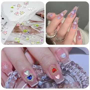KWOLYKIM 160 PCS Heart Diamond Glitter Nail Charms, Kawaii 3D Pink Jelly Crystal Acrylic Heart Shaped Nail Art Charms for DIY Gel Nail Polish Girls Women