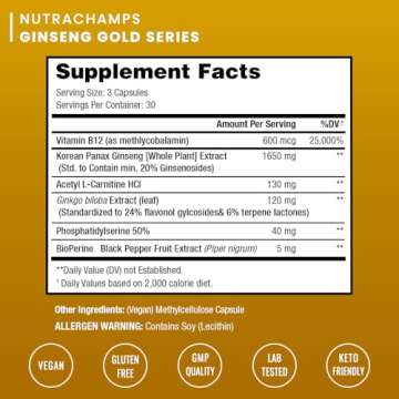 NutraChamps Korean Red Panax Ginseng Capsules | Extra Strength Ginsenosides for Energy, Focus, Perfo...