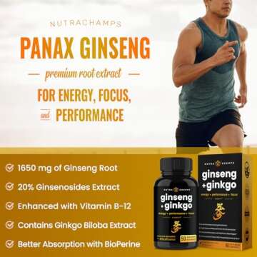NutraChamps Korean Red Panax Ginseng Capsules | Extra Strength Ginsenosides for Energy, Focus, Performance, Vitality & Immune Support | Korean Red Ginseng Root Extract (90, Premium Gold)