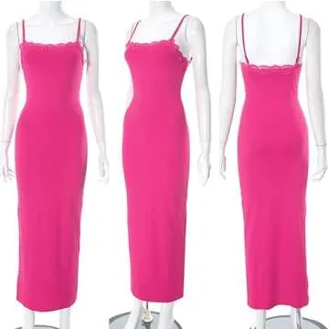 Women's Skimss Dupe Lace Long Slip Dress Sexy Casual Soft Lounge Sleeveless Spaghetti Strap Bodycon Maxi Dresses Rose S