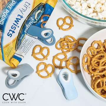 COOK WITH COLOR Bag Clips with Magnet - Chip Clips, Food Storage with Airtight Seal Grip for Bread, Snack and Food Bags (Blue and Grey, Pack of 10)