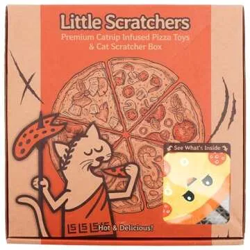 Little Scratchers Pizza Cute Cat Toys Set - Funny Cat Toys, Cat Birthday Gift, Gifts for Cats, Funny Cat Gift Set Box - Includes 4 Pizza Catnip Toys & Thick Cardboard Cat Scratcher Pad