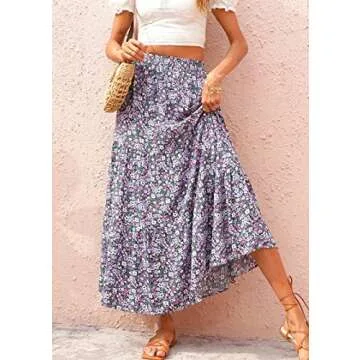 KIRUNDO Women's 2024 Summer Fall High Waist Boho Floral Maxi Skirt Casual Flowy Swing Pleated A Line (Black Purple, X-Large)