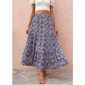 KIRUNDO Women's 2024 Summer Fall High Waist Boho Floral Maxi Skirt Casual Flowy Swing Pleated A Line (Black Purple, X-Large)