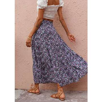 KIRUNDO Women's 2024 Summer Fall High Waist Boho Floral Maxi Skirt Casual Flowy Swing Pleated A Line (Black Purple, X-Large)