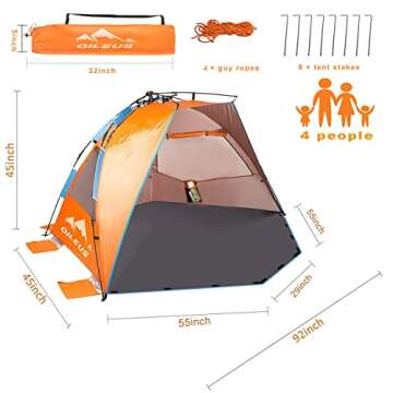 Oileus X-Large 4 Person Beach Tent Sun Shelter - Portable Sun Shade Instant Tent for Beach with Carr...