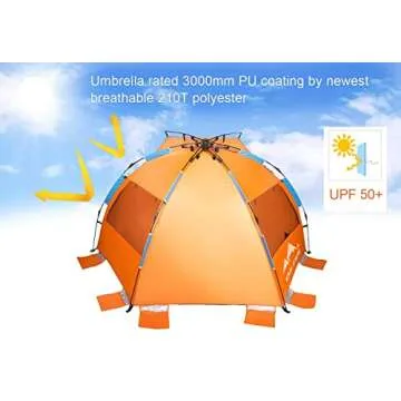 Oileus X-Large 4 Person Beach Tent Sun Shelter - Portable Sun Shade Instant Tent for Beach with Carrying Bag, Stakes, 6 Sand Pockets, Anti UV for Fishing Hiking Camping, Waterproof Windproof, Orange