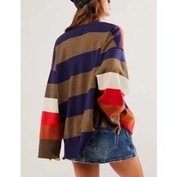 Megfie Quarter Zip Striped Oversized Knitted Pullover Sweater for Women - Lightweight & Loose Fit