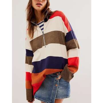 Megfie Quarter Zip Striped Oversized Knitted Pullover Sweaters for Women Lightweight Loose Fit Sweater Tops(0818-Multicolor-S)