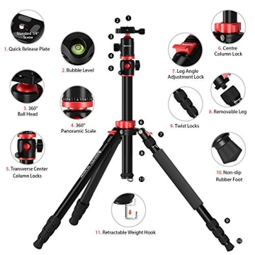 GEEKOTO Aluminum Tripod with 360-Degree Ball Head