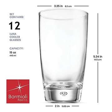Bormioli Rocco Luna Set Of 12 Cooler Glasses, 15.25 Oz. Clear Crystal Glassware, for Water, Juice an...