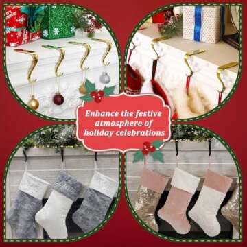 Edoneery Christmas Stocking Holders for Mantle with Silicone Anti-Slip Strips, Fireplace Mantel Stocking Hangers for Shelf, Garland Grips Hooks for Xmas & Family Party Decoration (Bronze, 4)