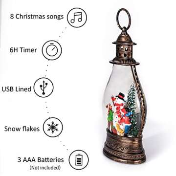 Christmas Snow Globes Lantern with Music,6H Timer Vintage Retro Glitter Snow Snow Globes Christmas with Music Box 8 Songs,Xmas Decor Gift with Snowman Decorations