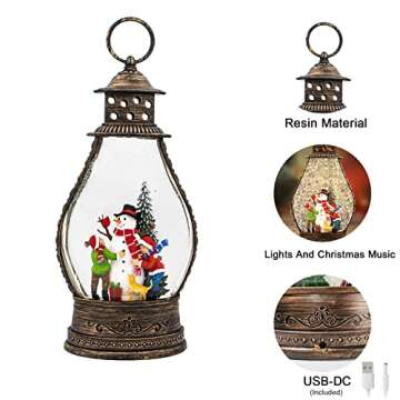 Christmas Snow Globes Lantern with Music,6H Timer Vintage Retro Glitter Snow Snow Globes Christmas with Music Box 8 Songs,Xmas Decor Gift with Snowman Decorations